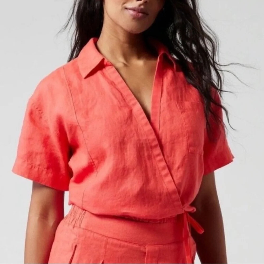 Athleta Women's Size 2X Coral Pink Playa Linen V Neck‎ Short Sleeve Wrap Tie Top